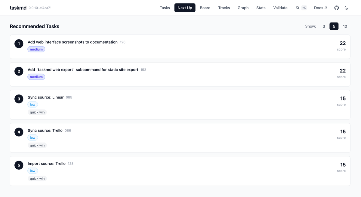 Next view showing recommended tasks with scores and reasoning