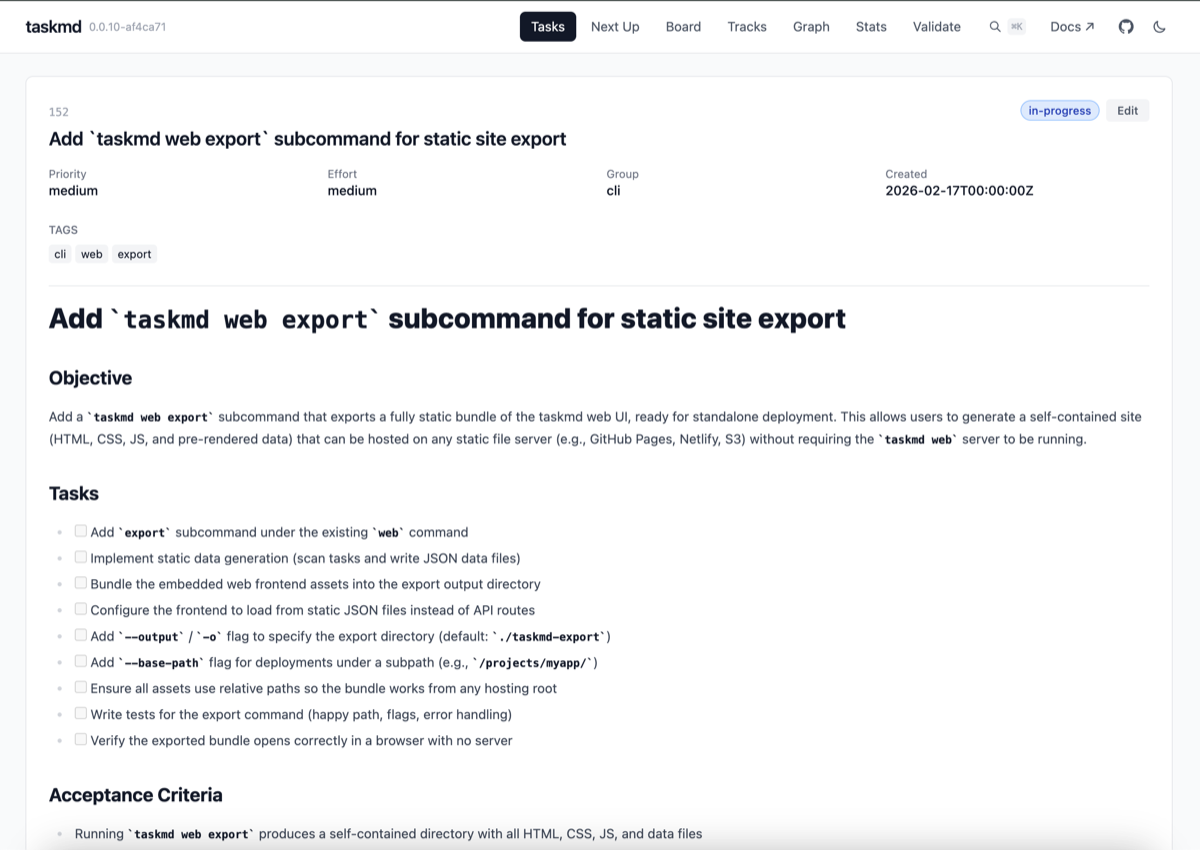Task detail page showing metadata, status badge, and rendered markdown content