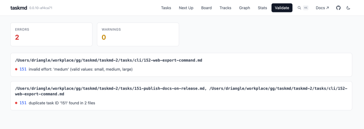 Validate view showing validation results with errors and warnings grouped by file